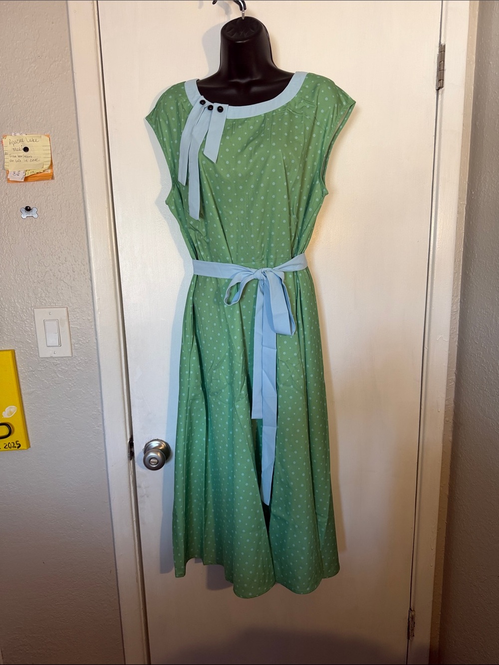 Amazon Green Polka Dot Midi Dress with Light Blue Trim and Tie